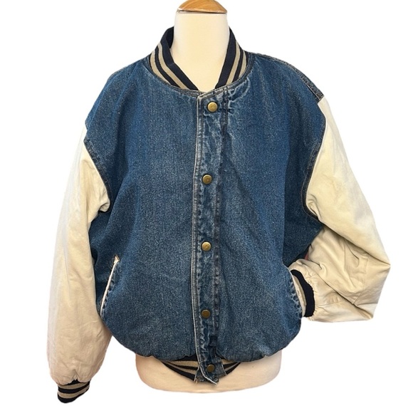 Vintage Denim Trucker Varsity Bomber Jacket Puff Quilted lining Mens Large - Picture 1 of 16